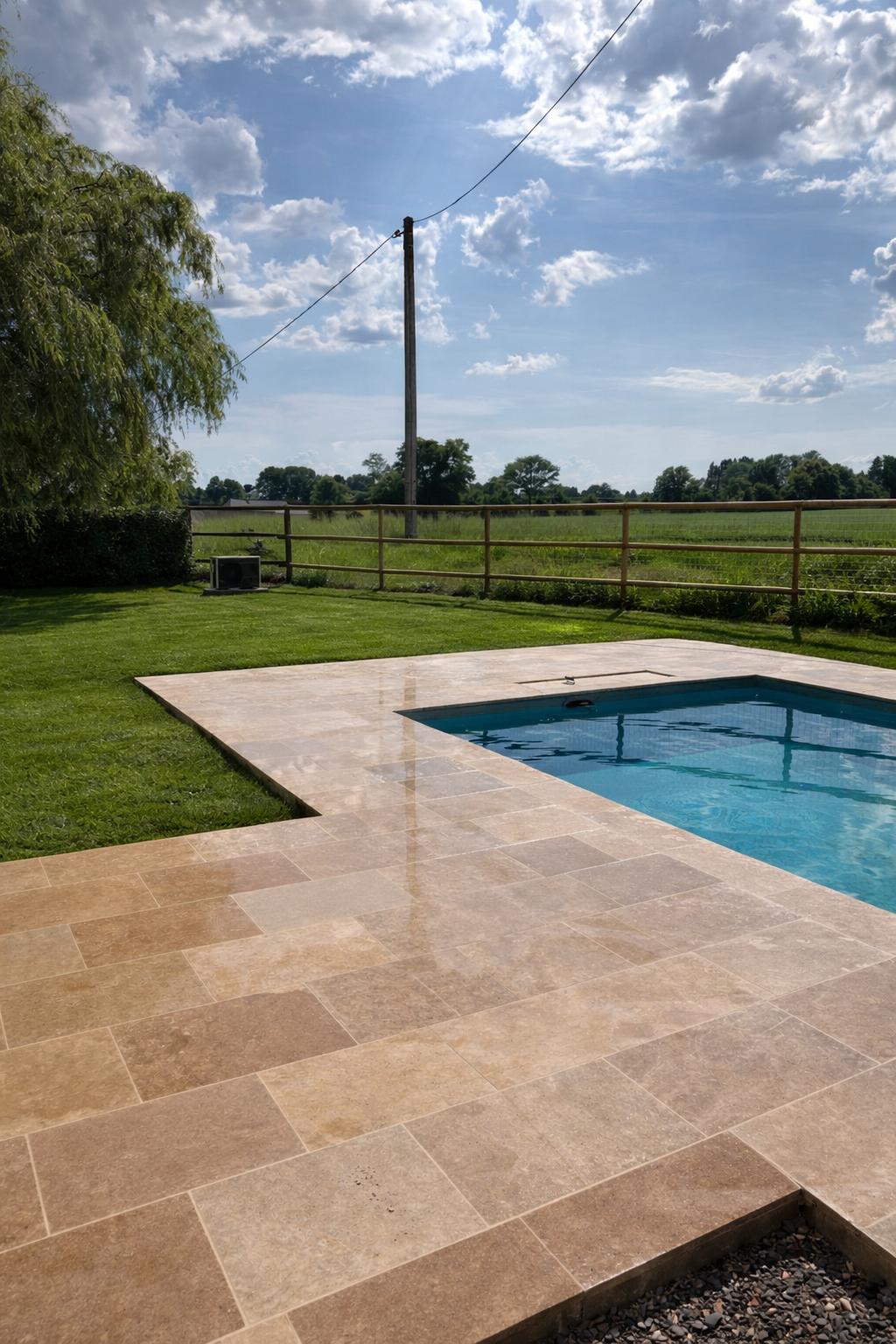 Création d'une terrasse en travertins autour d'une piscine
